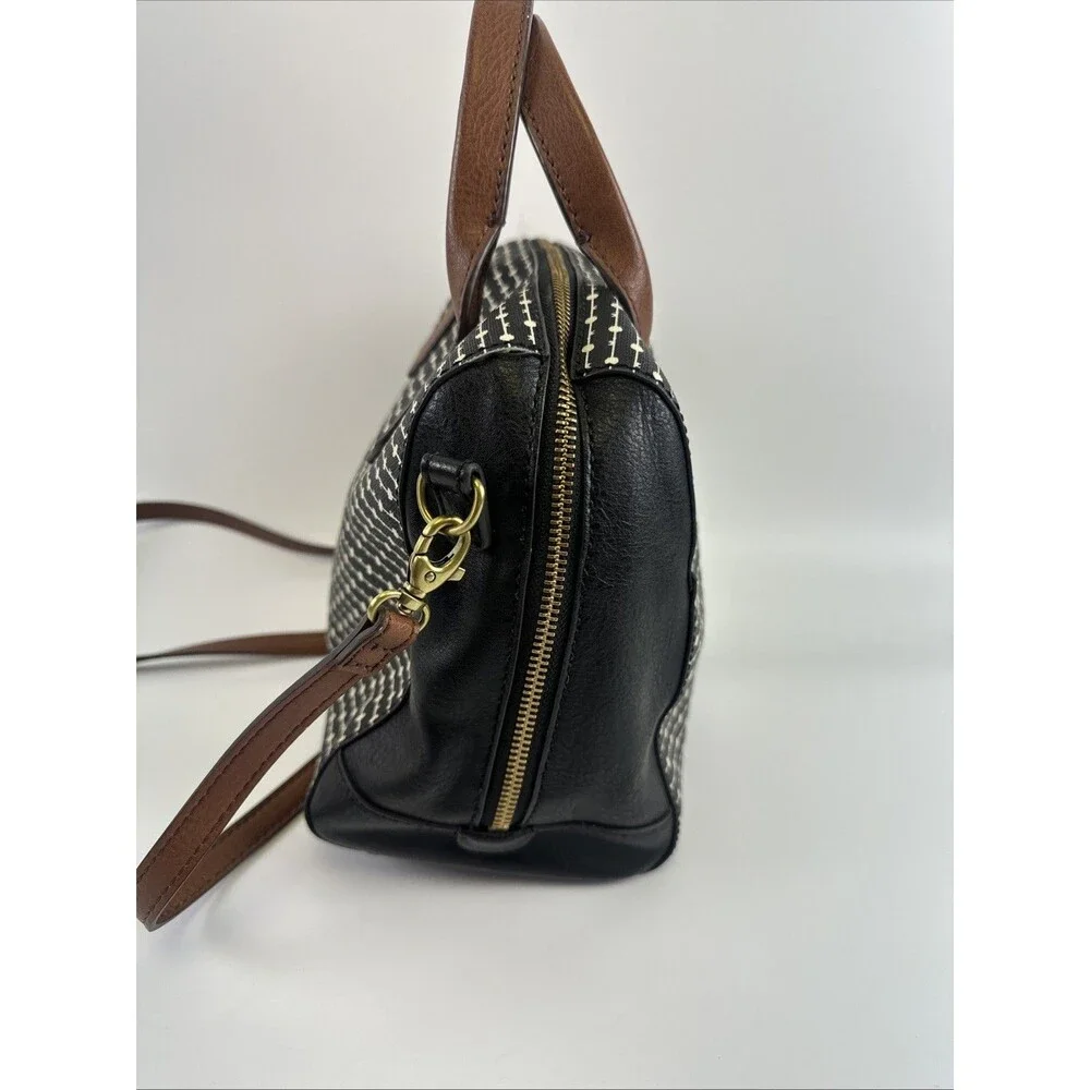 Fossil Fiona Satchel Black White Key Logo Faux Leather Crossbody Double Handle